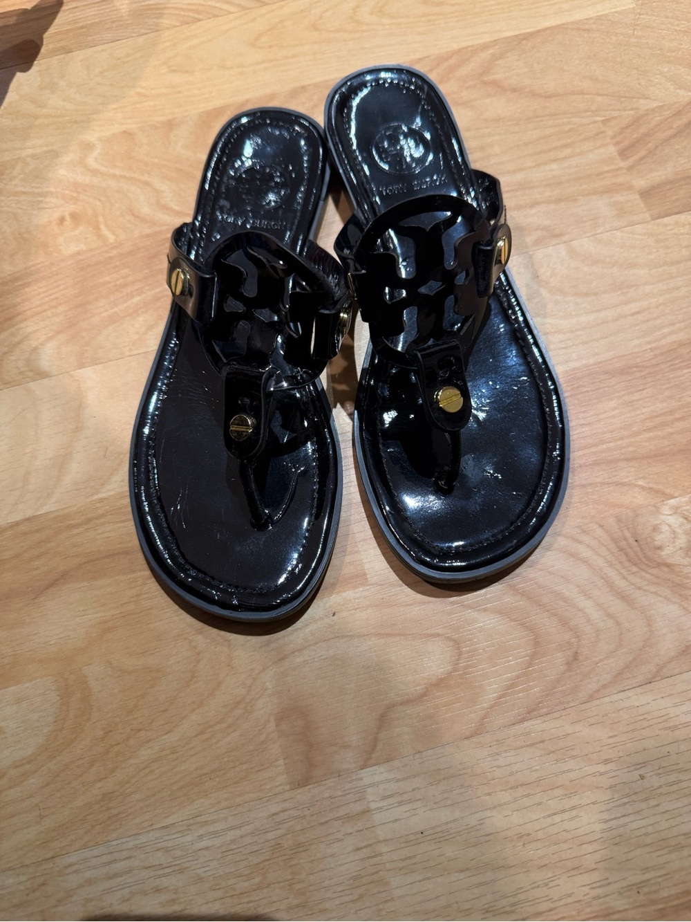 Tory Burch miller sandals flip flop patent leather black size 8